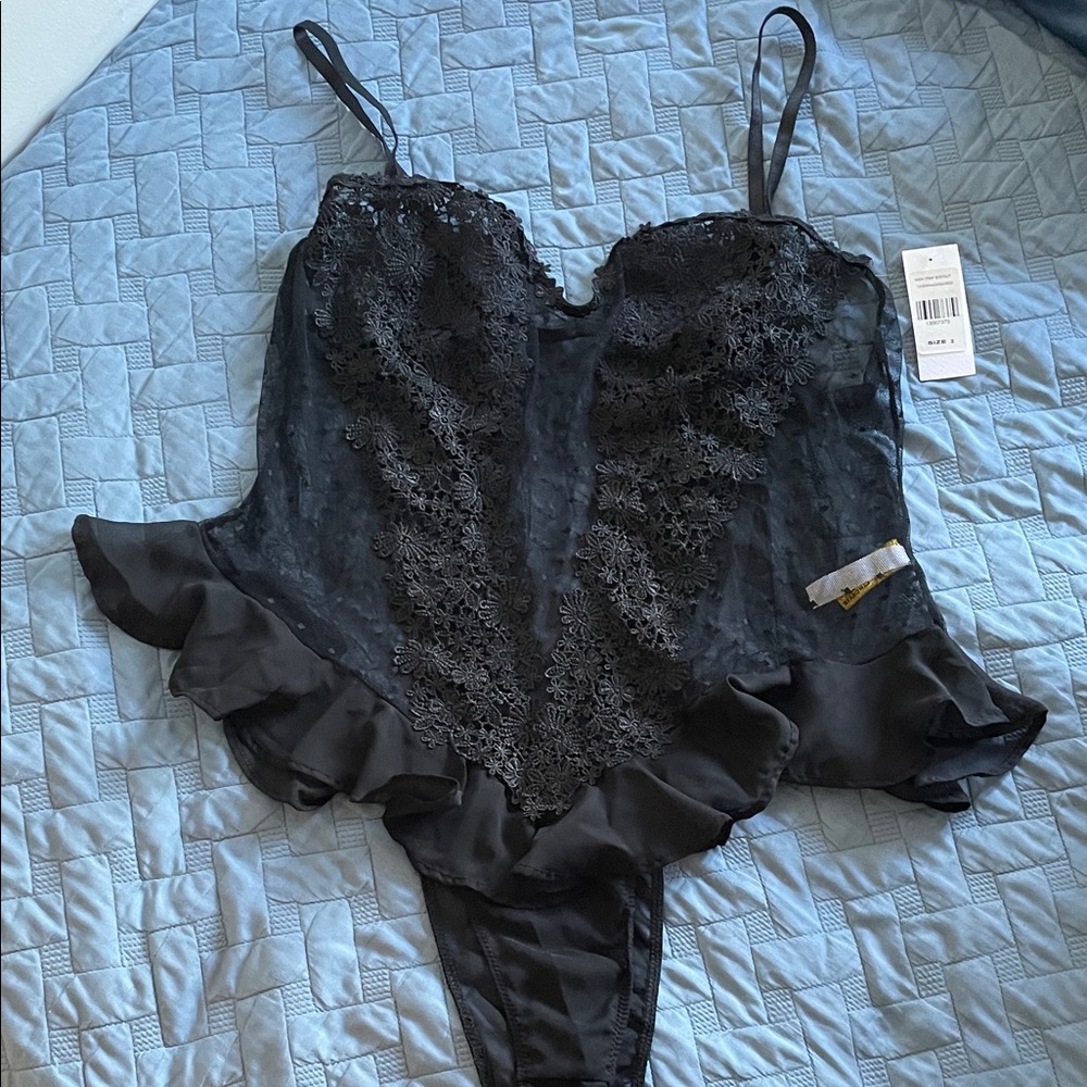 Fashion to Figure Black Lace Chemise Mesh Strap Bodysuit